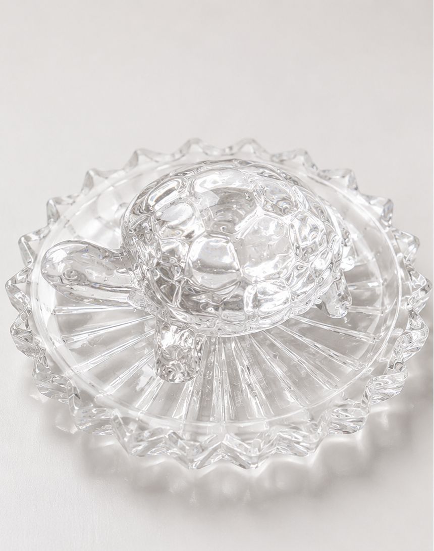 Premium Crystal Vastu Tortoise with Decorative Plate | Feng Shui Lucky Turtle | Transparent Crystal Showpiece