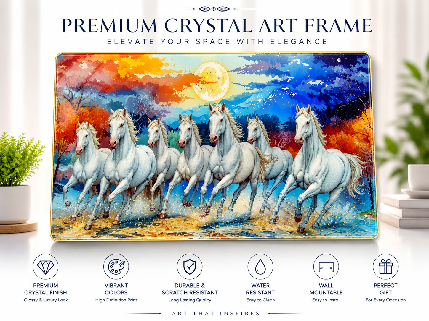 Premium 7 White Horses Crystal Wall Art Frame (24 x 36 Inch)