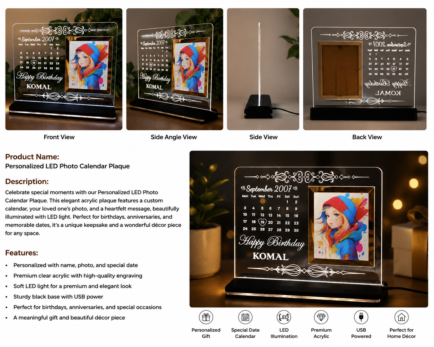 Personalized LED Photo Frame with Calendar