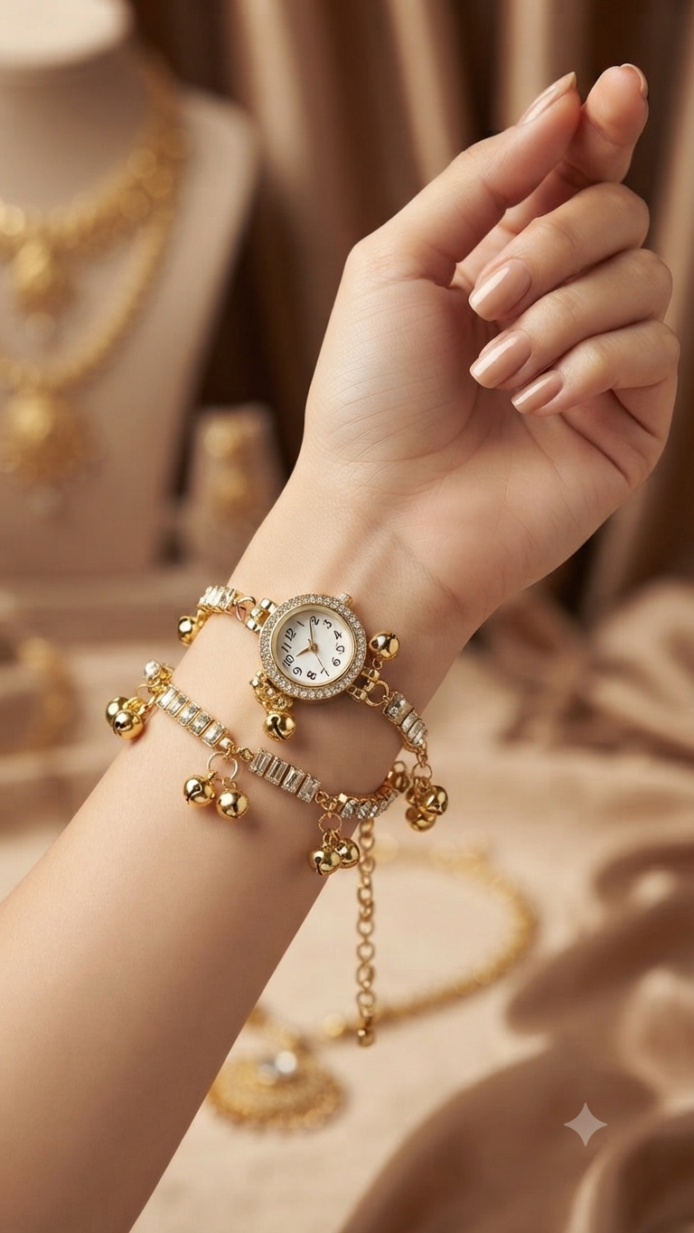 gold-tone charm bracelet watch