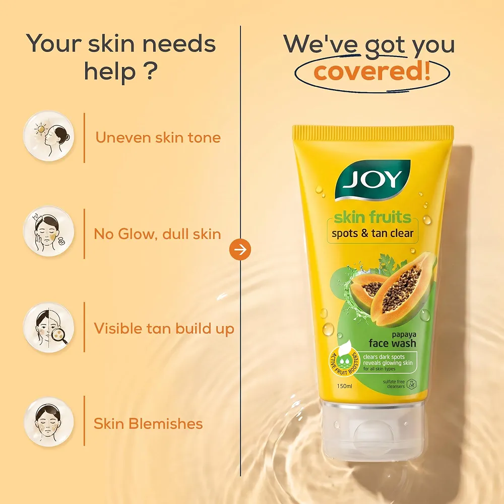 Joy Skin Fruits Spots & Tan Clear Face Wash 150ml | Enriched with Papaya & Vitamin C + A | For Healthy Glowing skin | Suitable for All Skin Types