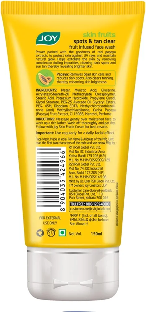 Joy Skin Fruits Spots & Tan Clear Face Wash 150ml | Enriched with Papaya & Vitamin C + A | For Healthy Glowing skin | Suitable for All Skin Types