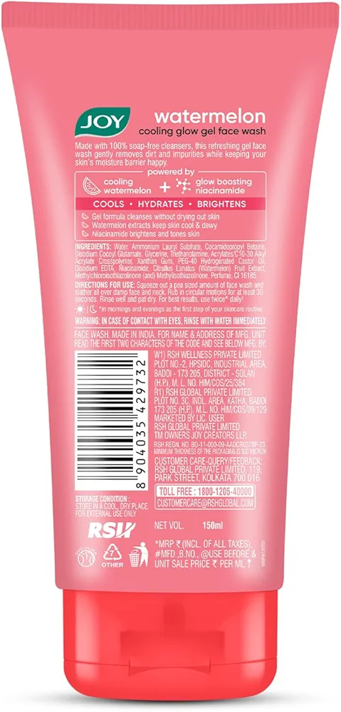 Joy Watermelon Cooling Glow Gel Face Wash with Niacinamide & Glycerine | Hydrating Daily Facial Cleanser for Glowing Skin | Removes Dirt, Oil & Impurities | For All Skin Types | 150 ml