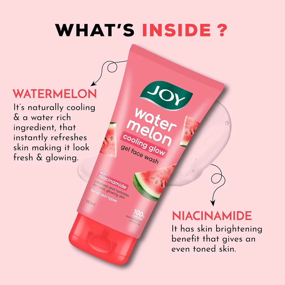 Joy Watermelon Cooling Glow Gel Face Wash with Niacinamide & Glycerine | Hydrating Daily Facial Cleanser for Glowing Skin | Removes Dirt, Oil & Impurities | For All Skin Types | 150 ml