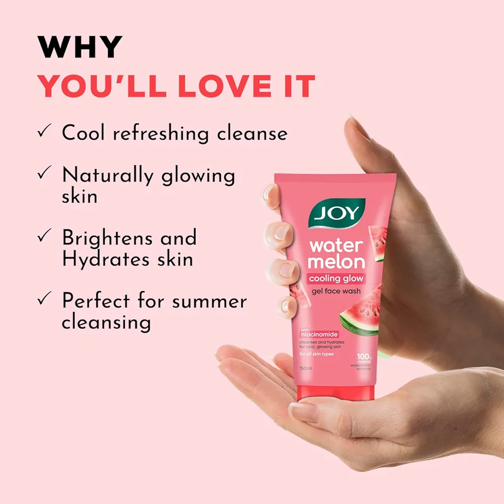 Joy Watermelon Cooling Glow Gel Face Wash with Niacinamide & Glycerine | Hydrating Daily Facial Cleanser for Glowing Skin | Removes Dirt, Oil & Impurities | For All Skin Types | 150 ml
