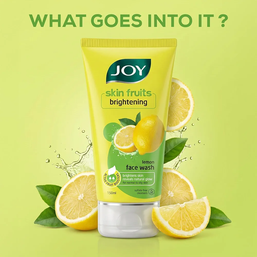 Joy Skin Fruits Lemon Brightening Face Wash 200ml | with Vitamin C for Glowing Skin | Reduces Dark Spots, Removes Excess Oil & Dirt | For Normal to Oily Skin
