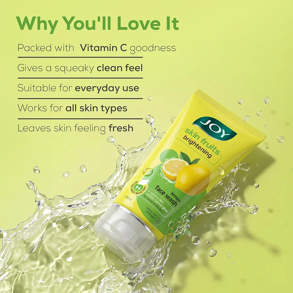 Joy Skin Fruits Lemon Brightening Face Wash 200ml | with Vitamin C for Glowing Skin | Reduces Dark Spots, Removes Excess Oil & Dirt | For Normal to Oily Skin
