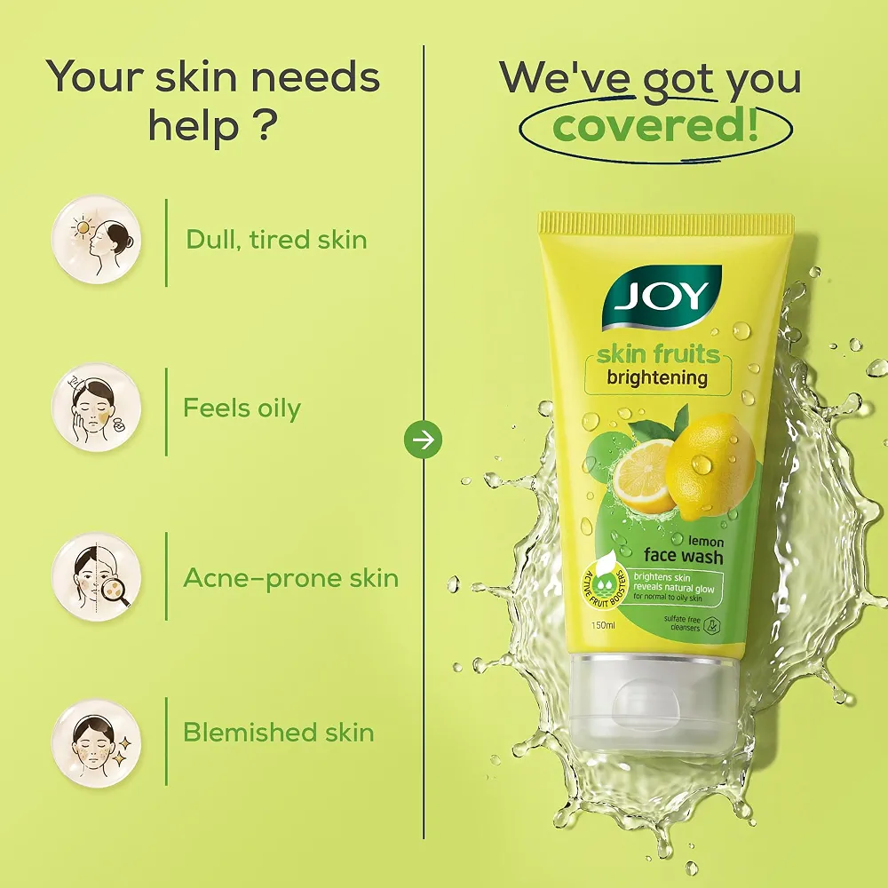 Joy Skin Fruits Lemon Brightening Face Wash 200ml | with Vitamin C for Glowing Skin | Reduces Dark Spots, Removes Excess Oil & Dirt | For Normal to Oily Skin