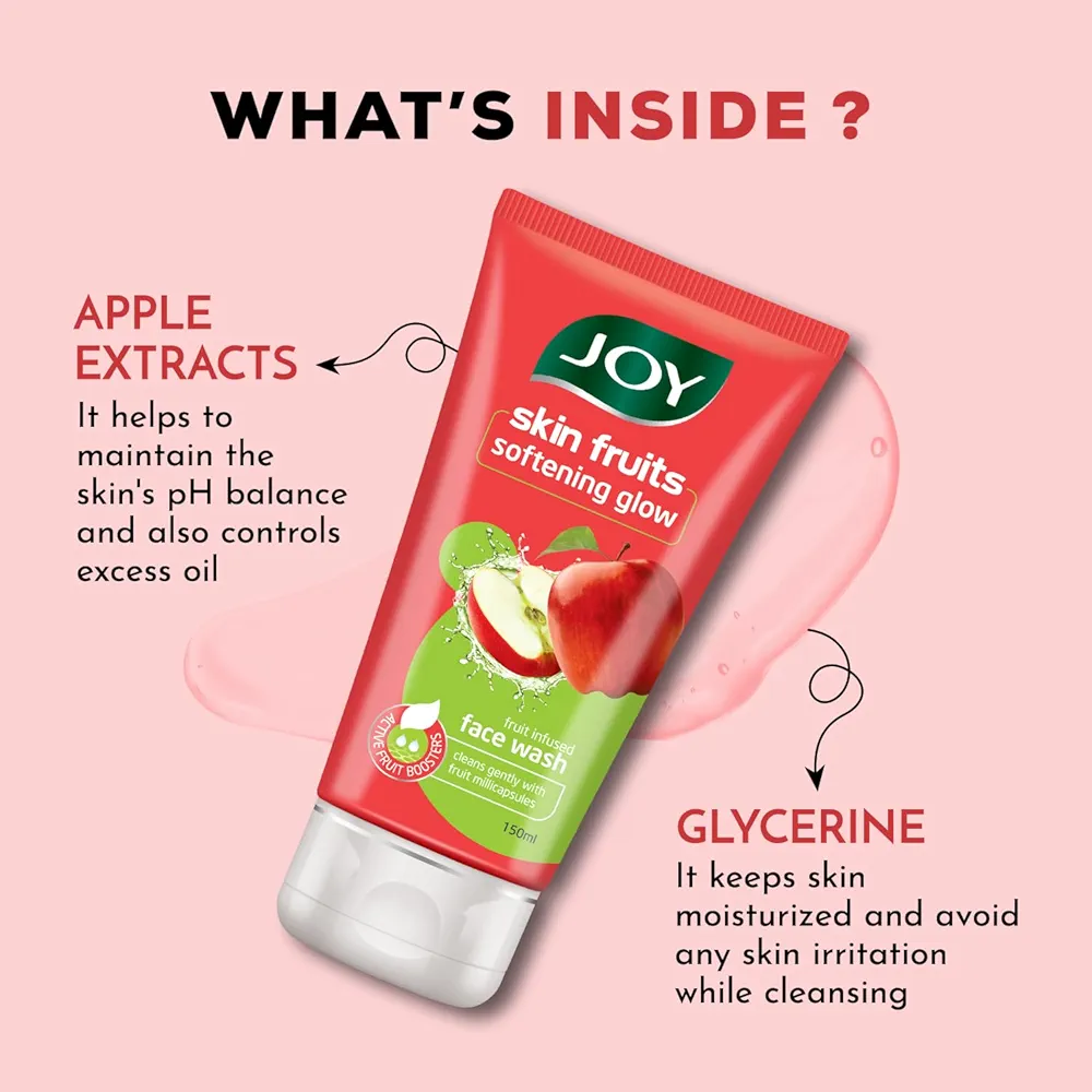 Joy Skin Fruits Apple Face Wash for Glowing Skin | Softens, Moisturises & Nourishes | Natural AHAs, No Sulphates, Paraben Free | All Skin Types - 150ml