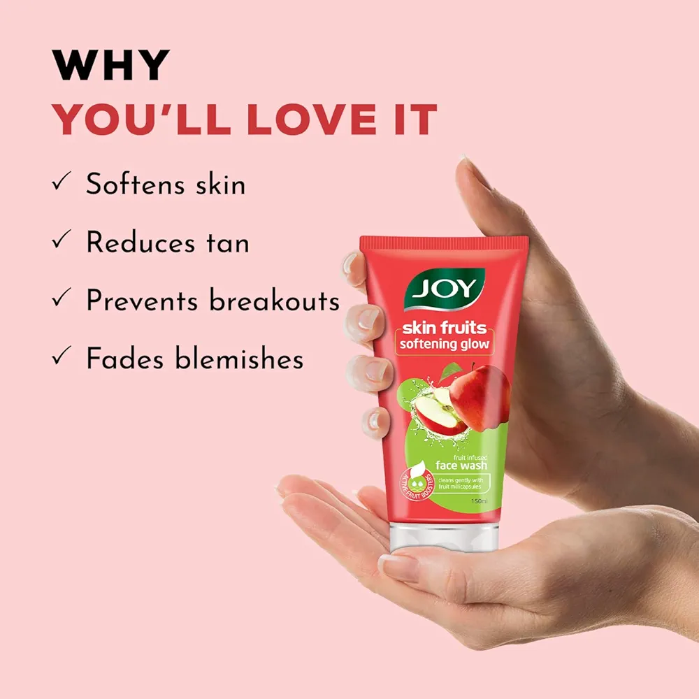 Joy Skin Fruits Apple Face Wash for Glowing Skin | Softens, Moisturises & Nourishes | Natural AHAs, No Sulphates, Paraben Free | All Skin Types - 150ml