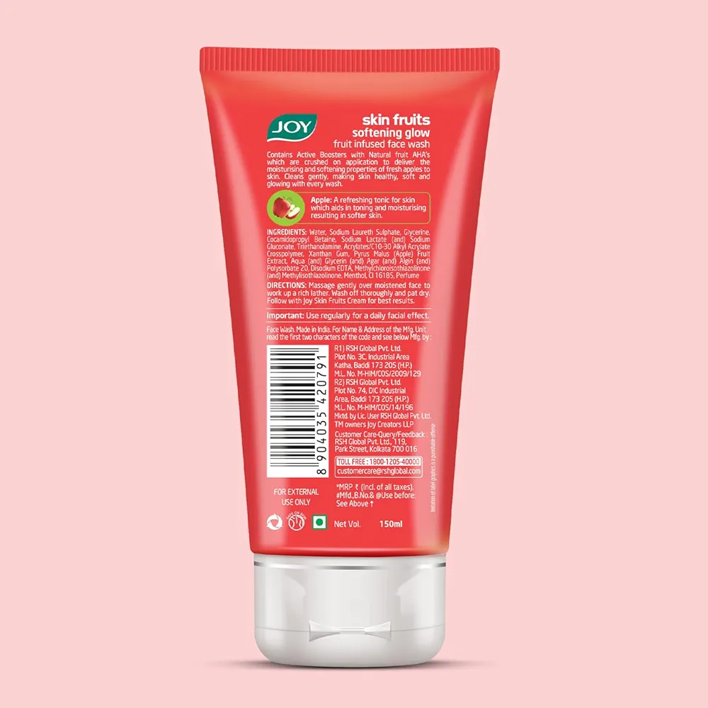 Joy Skin Fruits Apple Face Wash for Glowing Skin | Softens, Moisturises & Nourishes | Natural AHAs, No Sulphates, Paraben Free | All Skin Types - 150ml