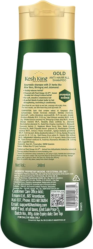 Kesh King Gold Anti Hairfall Shampoo, Reduces Hair Fall, Makes Hair Strong, Strengthens, Nourishes & Conditions, For Soft, Smooth & Voluminous Hair, For Men & Women, 340 ml