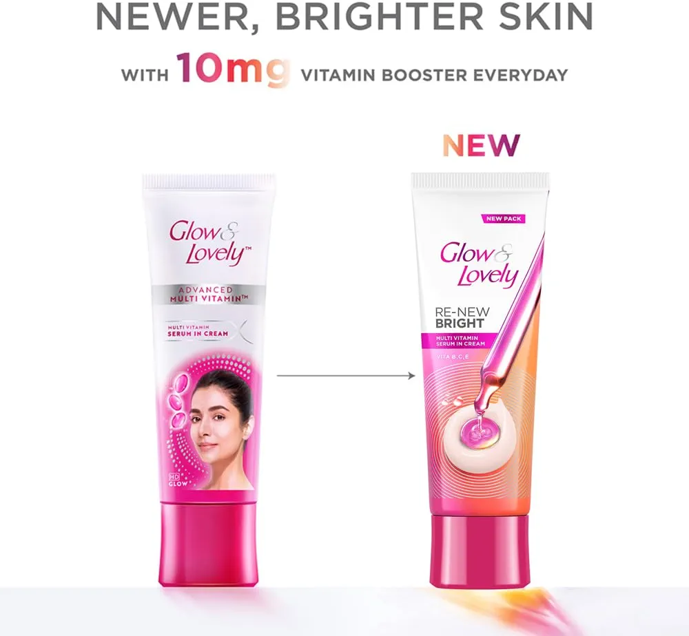 Glow and Lovely Renew Bright Multivitamin Serum in Cream | Vitamins B,C and E | Renews Skin cells |Bright and Healthy Skin | Clinically proven formula is dermatologically tested | 50g