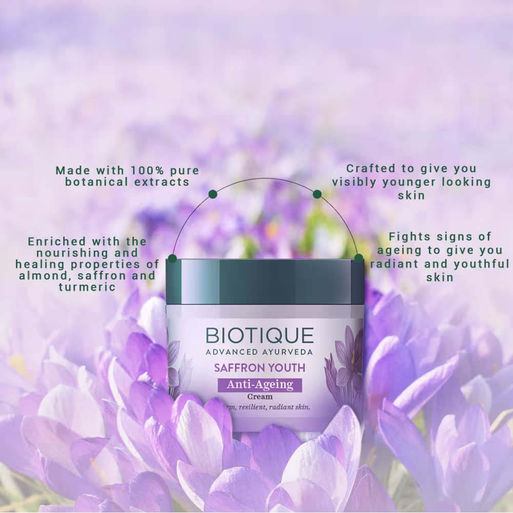 Biotique Bio Saffron Dew Youthful Moisturizer | Protects Skin Cells | Prevents Ageing and Retains Youthful Glow | 100% Botanical Extracts | Suitable for All Skin Types |