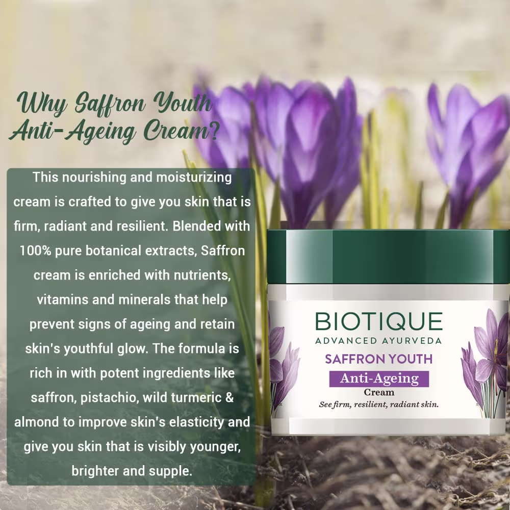 Biotique Bio Saffron Dew Youthful Moisturizer | Protects Skin Cells | Prevents Ageing and Retains Youthful Glow | 100% Botanical Extracts | Suitable for All Skin Types |