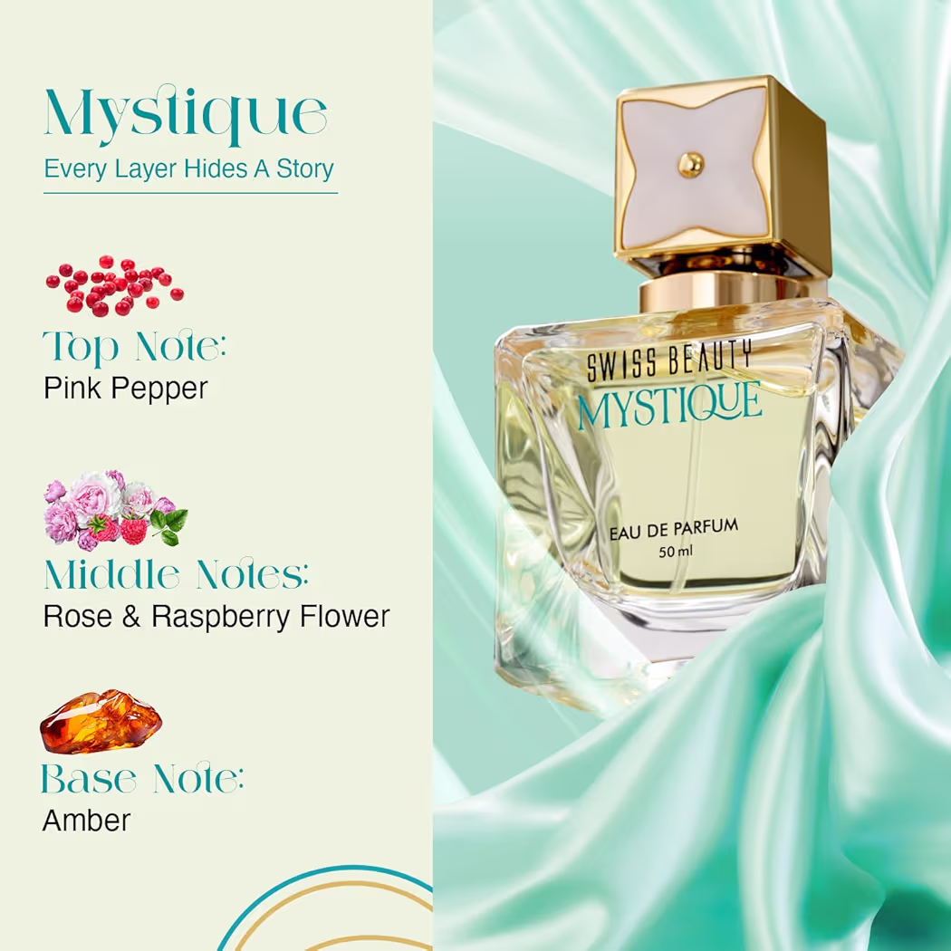 Swiss Beauty Mystique EDP | Long-Lasting | Ideal For Gifting | Everyday Wear | Top Note: Pink Pepper | Middle Notes: Rose & Raspberry Flowers | Base Note: Amber | 50ml