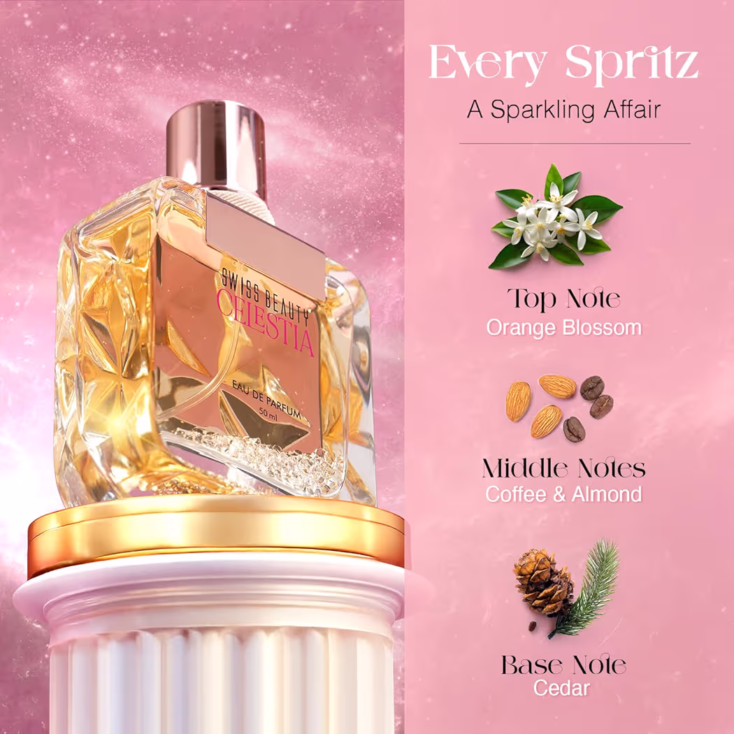 Swiss Beauty Celestia EDP | Long-Lasting Perfume | Ideal For Gifting | Everyday Wear | Top Note: Orange Blossom | Middle Notes: Coffee & Almond | Base Note: Cedar | 50m
