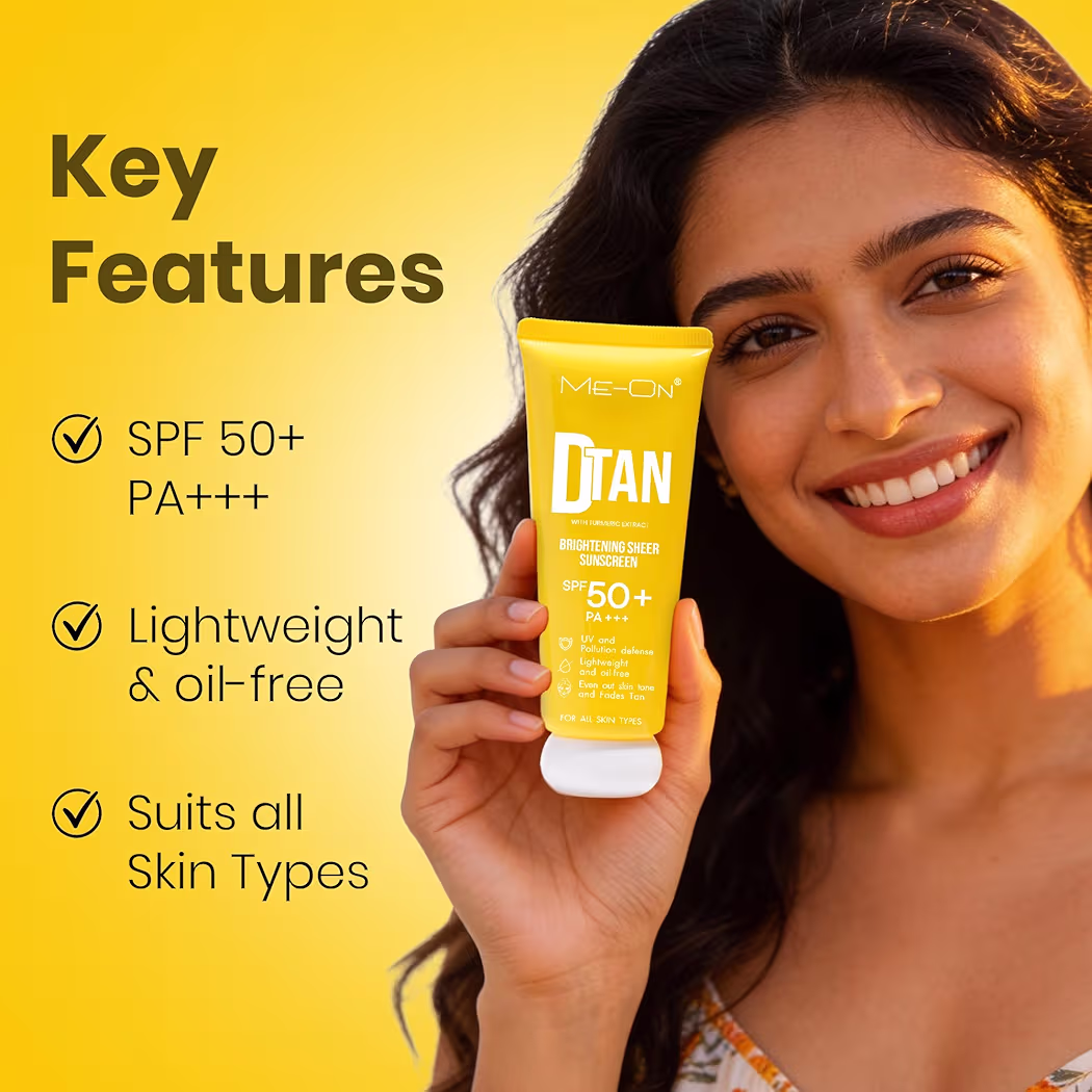 ME-ON DTAN Brightening Sheer Sunscreen SPF 50+ PA+++ with Turmeric Extract | Lightweight, Non-Greasy UV Protection | Tan Removal & Skin Brightening | For All Skin Types (DTAN)