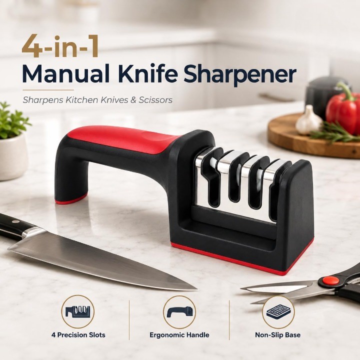 4-in-1 Manual Knife Sharpener Tool for Kitchen, Kitchen Knife Sharpener for Home with Tungsten Steel & Ceramic Slots, Scissor Slot, Non-Slip Base & Ergonomic Handle