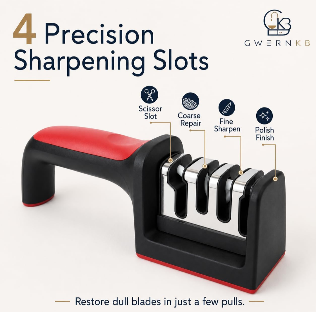 4-in-1 Manual Knife Sharpener Tool for Kitchen, Kitchen Knife Sharpener for Home with Tungsten Steel & Ceramic Slots, Scissor Slot, Non-Slip Base & Ergonomic Handle