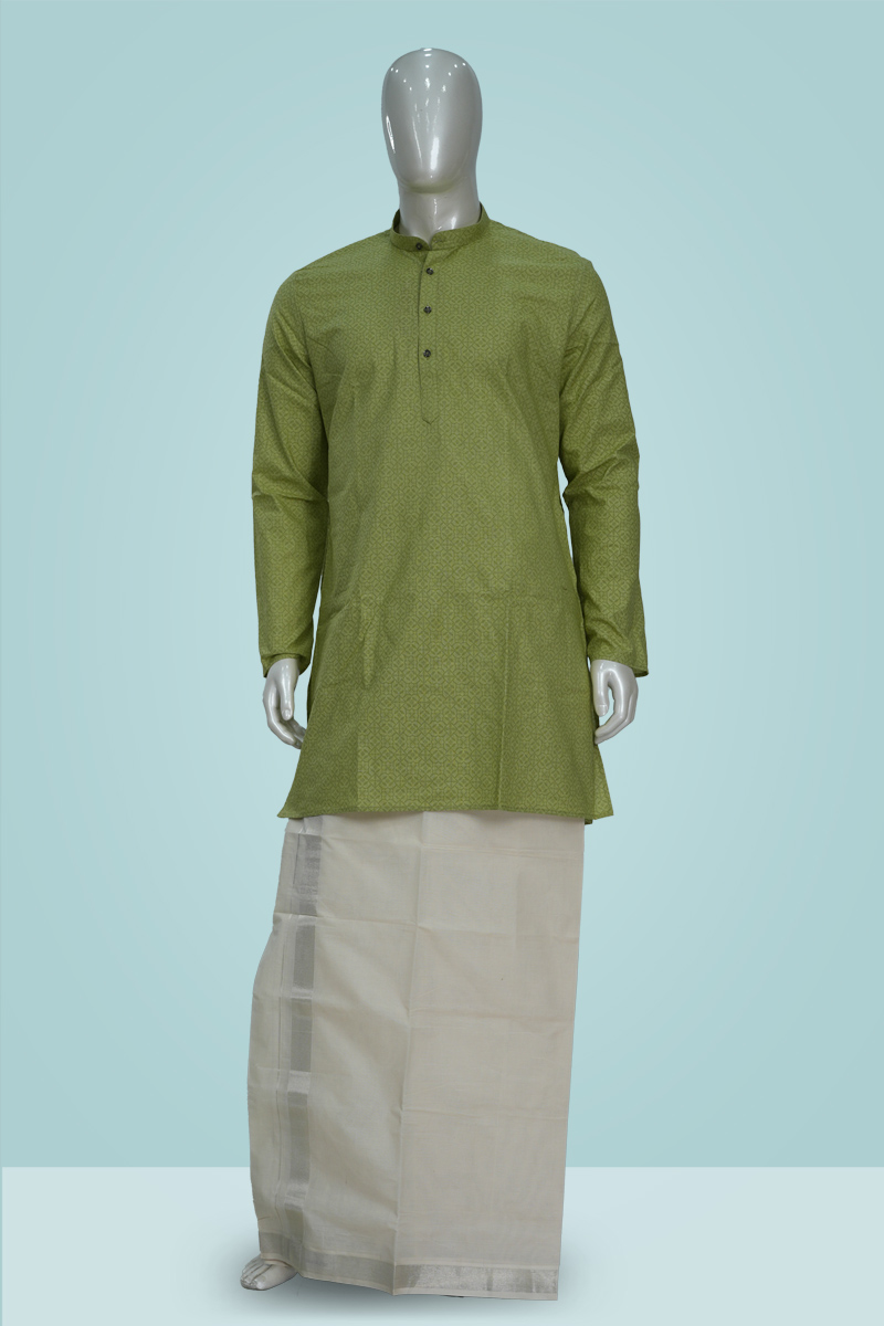 Off White and Green Set mundu with Kurtha Set Onam Combo Deal
