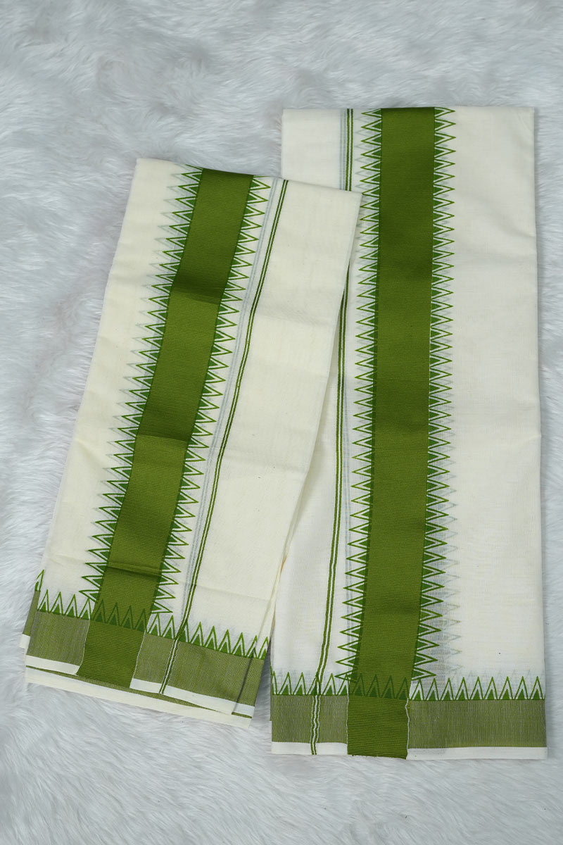 Off White and Green Set mundu with Kurtha Set Onam Combo Deal