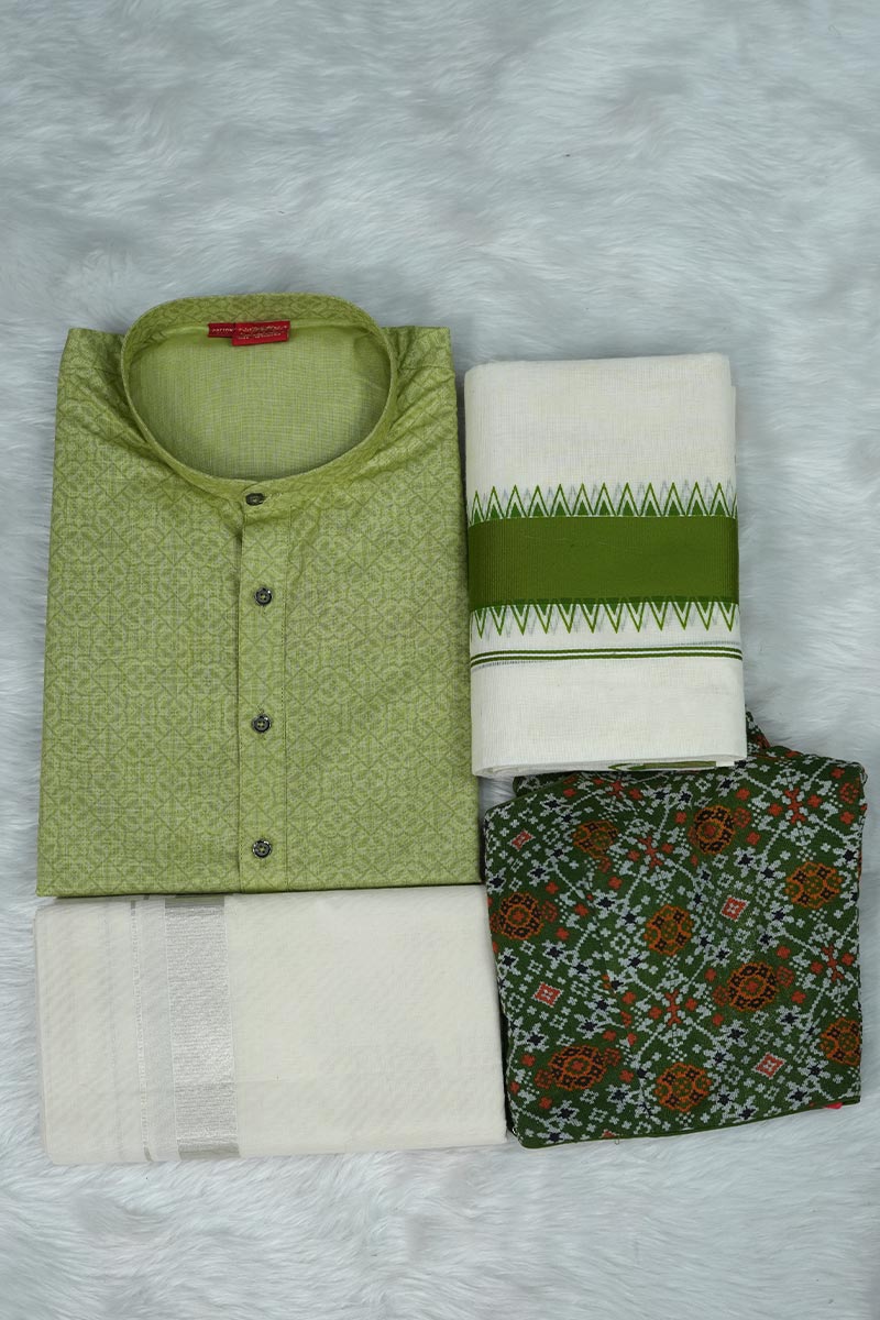 Off White and Green Set mundu with Kurtha Set Onam Combo Deal