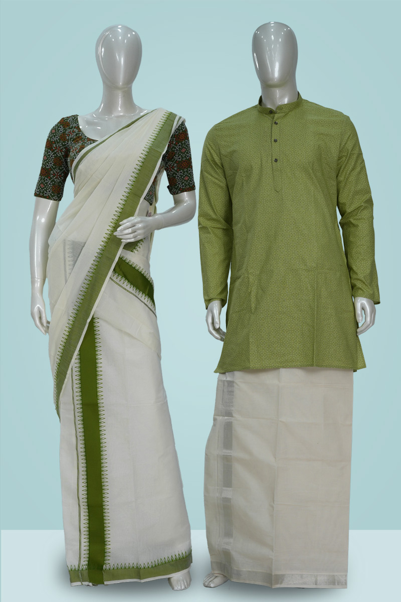 Off White and Green Set mundu with Kurtha Set Onam Combo Deal