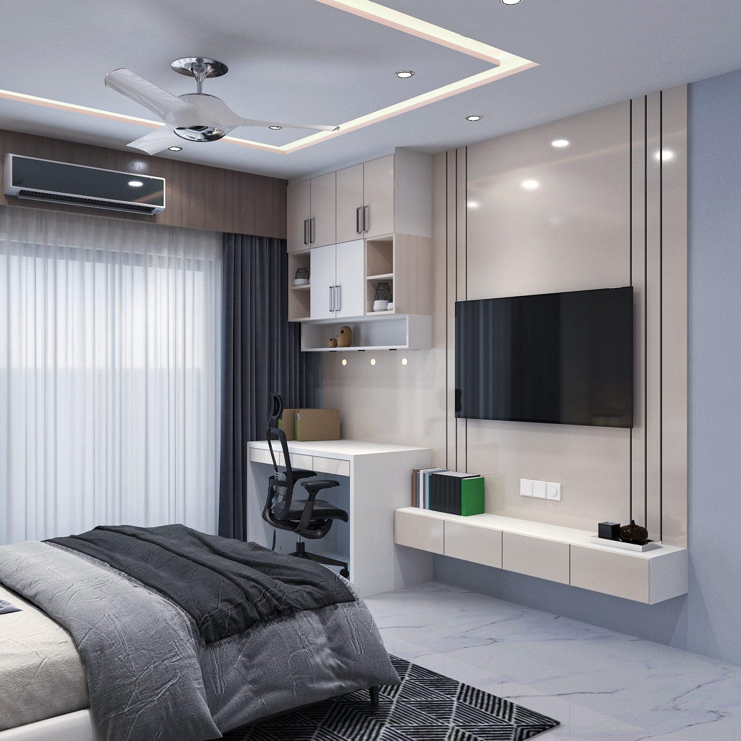 Cozy Bedroom TV Unit Design with Built-in Lighting and Storage