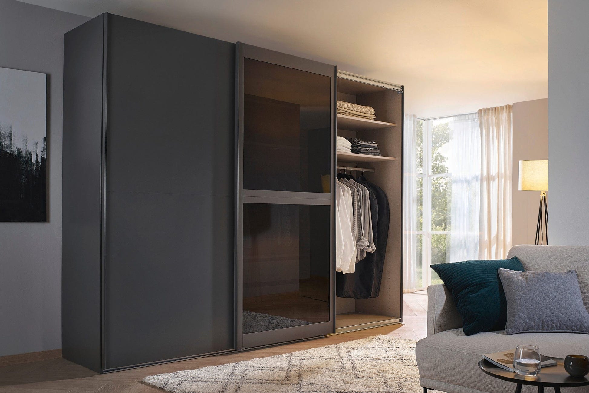 Dark Matte Bedroom Wardrobe Design with Sliding Doors