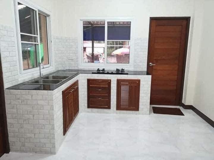 L-Shape Simple Kitchen Design with White Brick Wall