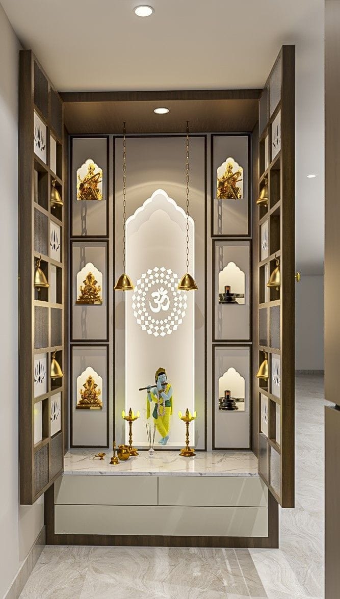 Dark Woody And Traditional Pooja Room False Ceiling Design