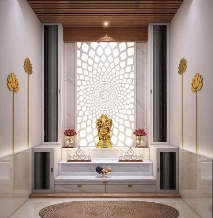 Wood Paneled Traditional Pooja Room False Ceiling Design