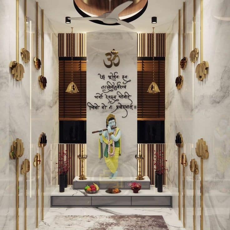 Glossy White Woody Traditional Pooja Room False Ceiling Design