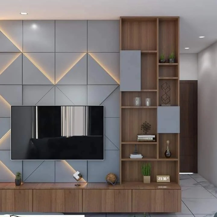 Geometric Bedroom TV Unit Design with Minimalist Aesthetic