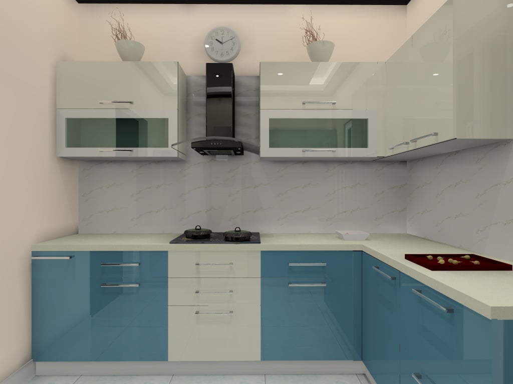 White and Cool Blue Kitchen Design in Gurugram Is Here
