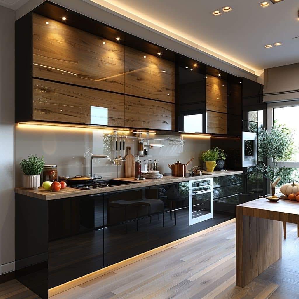 Modern Kitchen Wardrobe Design with Glossy Wood Accents