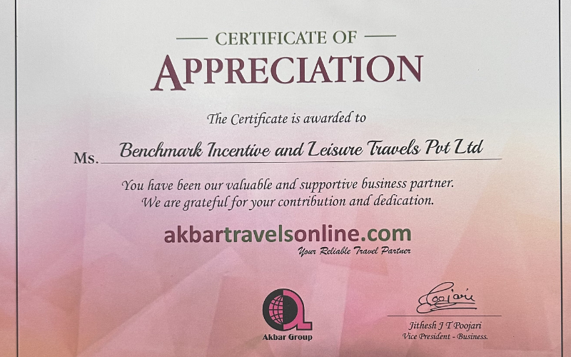 Akbar Travels Online - Certificate of Appreciation for Valuable and Supportive business partner