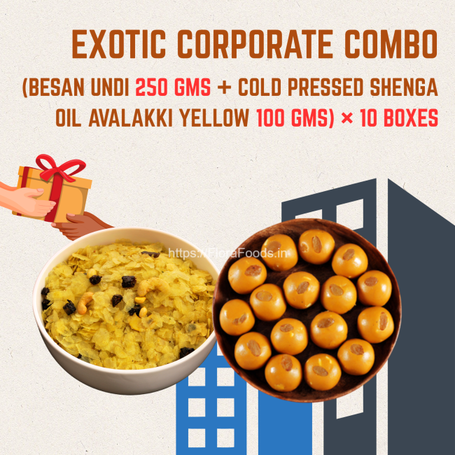 CORPORATE EXOTIC COMBO-Besan Undi(250 g) & Wood Coldpressed Shenga Oil YELLOW Avalakki(100gms)-SET OF 10 BOX corporate combo-Besan Undi & Coldpressed Shenga Oil Avalakki Yellow