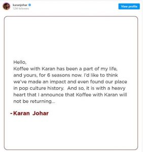 Chit-chat show "Koffee with Karan" closed