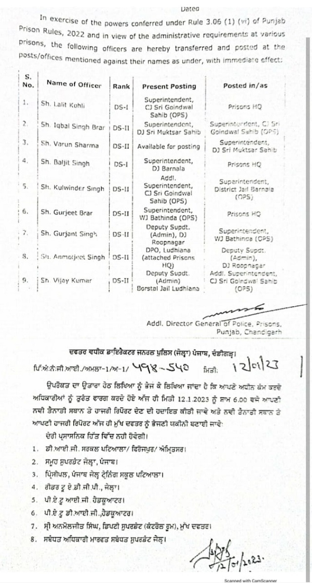 Jail officers transferred in Punjab
