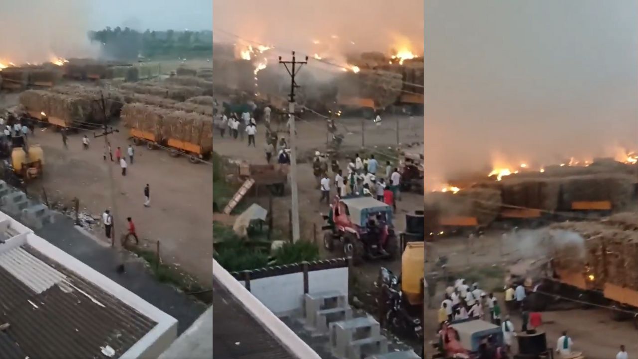 Karnataka Sugarcane Farmers Protest Violent Trolleys Loaded With Sugarcane Set On Fire At Sugar Factory In Karnataka