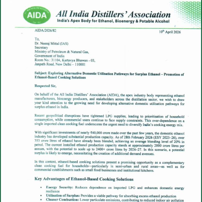 The All India Distillers Association (AIDA) has sent a letter to the Ministry of Petroleum and Natural Gas to introduce ethanol-based cooking as a nationwide alternative to LPG.