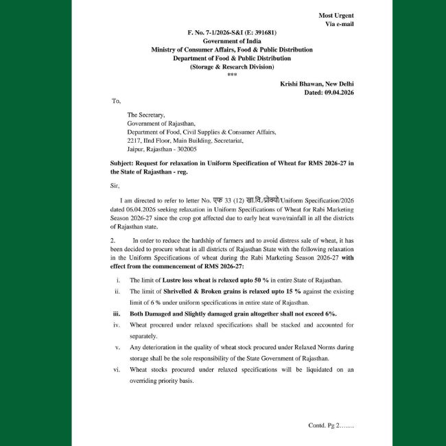 wheat procurement standards relaxed