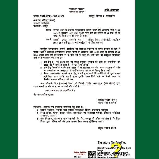 Crop Loan Repayment deadline Extend