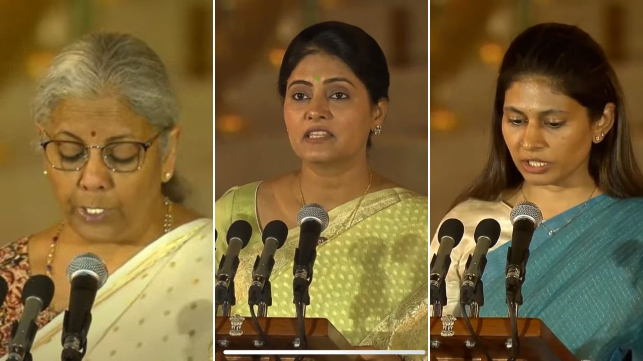 नई दिल्ली: मोदी सरकार 3.0 का शपथ ग्रहण समारोह 9 जून को राष्ट्रपति भवन में हुआ। नरेंद्र मोदी ने तीसरी बार देश के प्रधानमंत्री के रूप में शपथ ली। उनके साथ कैबिनेट मंत्रियों ने भी शपथ ली। मोदी कैबिनेट में इस बार 7 महिला मंत्रियों को जगह मिली है। इसमें निर्मला सीतारमण, अन्नपूर्णा देवी, अनुप्रिया पटेल, शोभा करंदलाजे, रक्षा खडसे, सावित्री ठाकुर और निमुबेन बाभंणिया शामिल हैं। (सभी तस्वीरें सौजन्य: एक्स)   