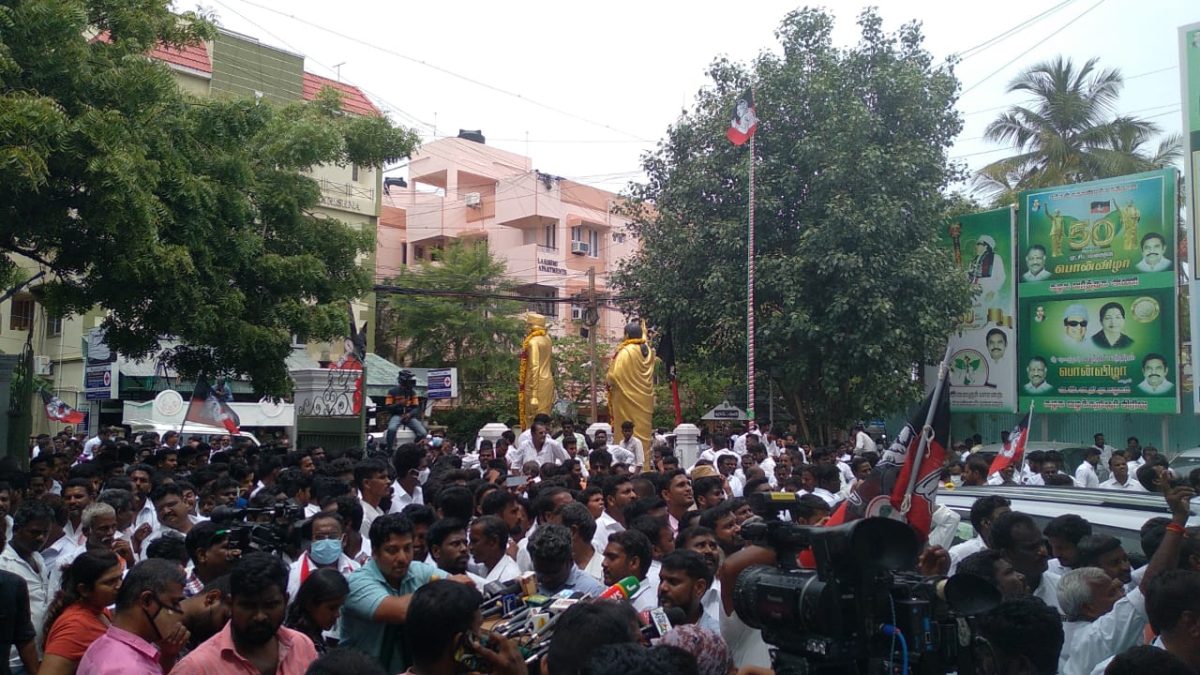 AIADMK supporters at the party's headquarters during the functionary meeting. (South First/Umar Sharieef)