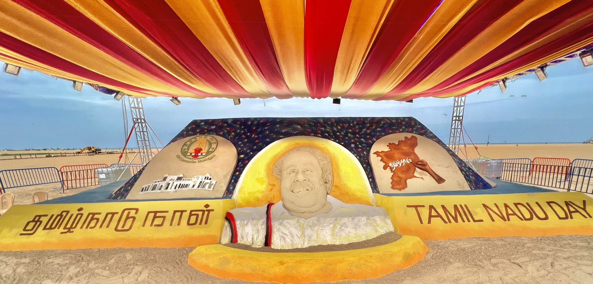 Sand art of former Chief Minister CN Annadurai in Marina beach in Chennai. Sand art of former Chief Minister CN Annadurai in Marina beach in Chennai.
