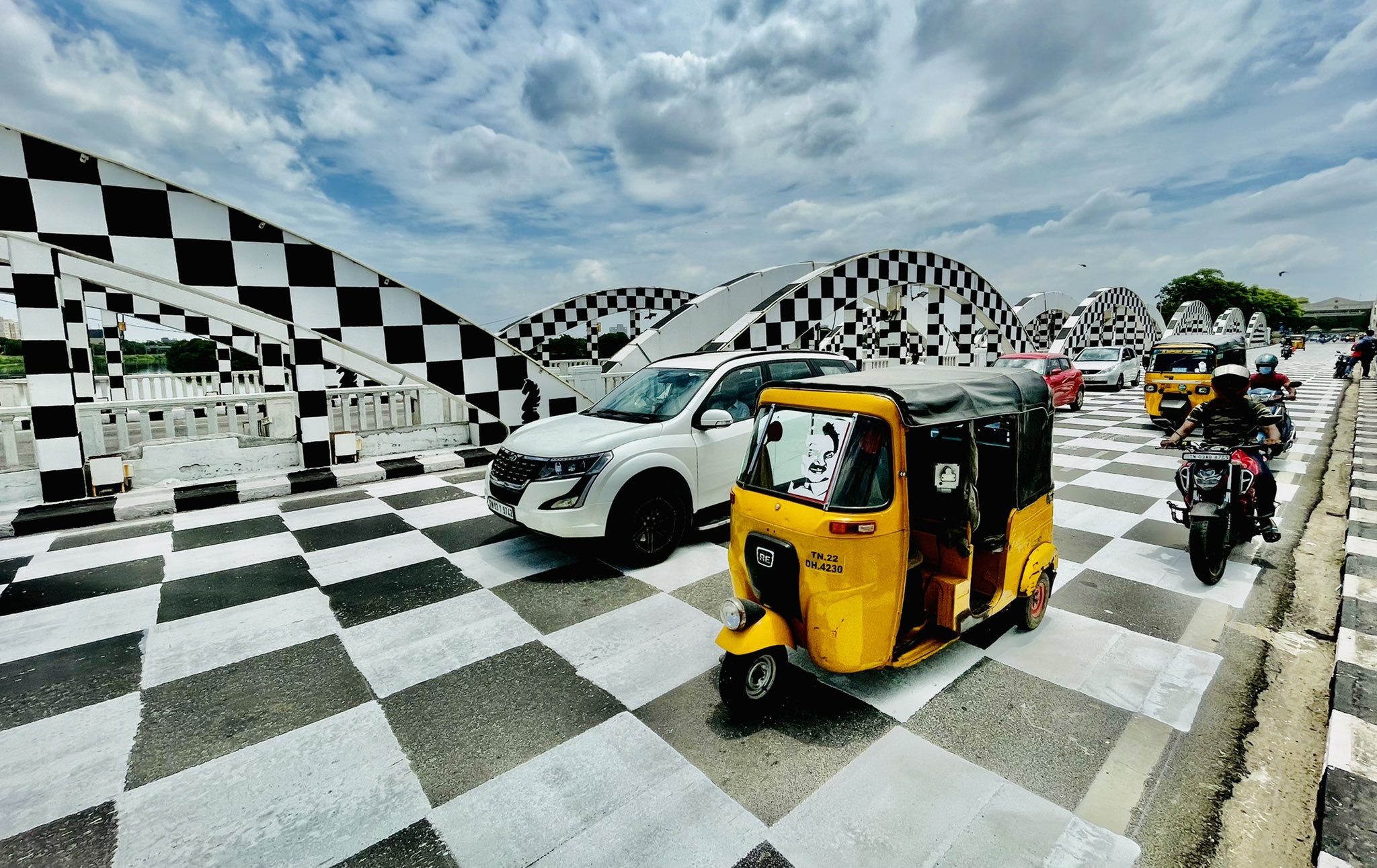 A view of the Napier bridge in Chennai decked up like a chessboard.