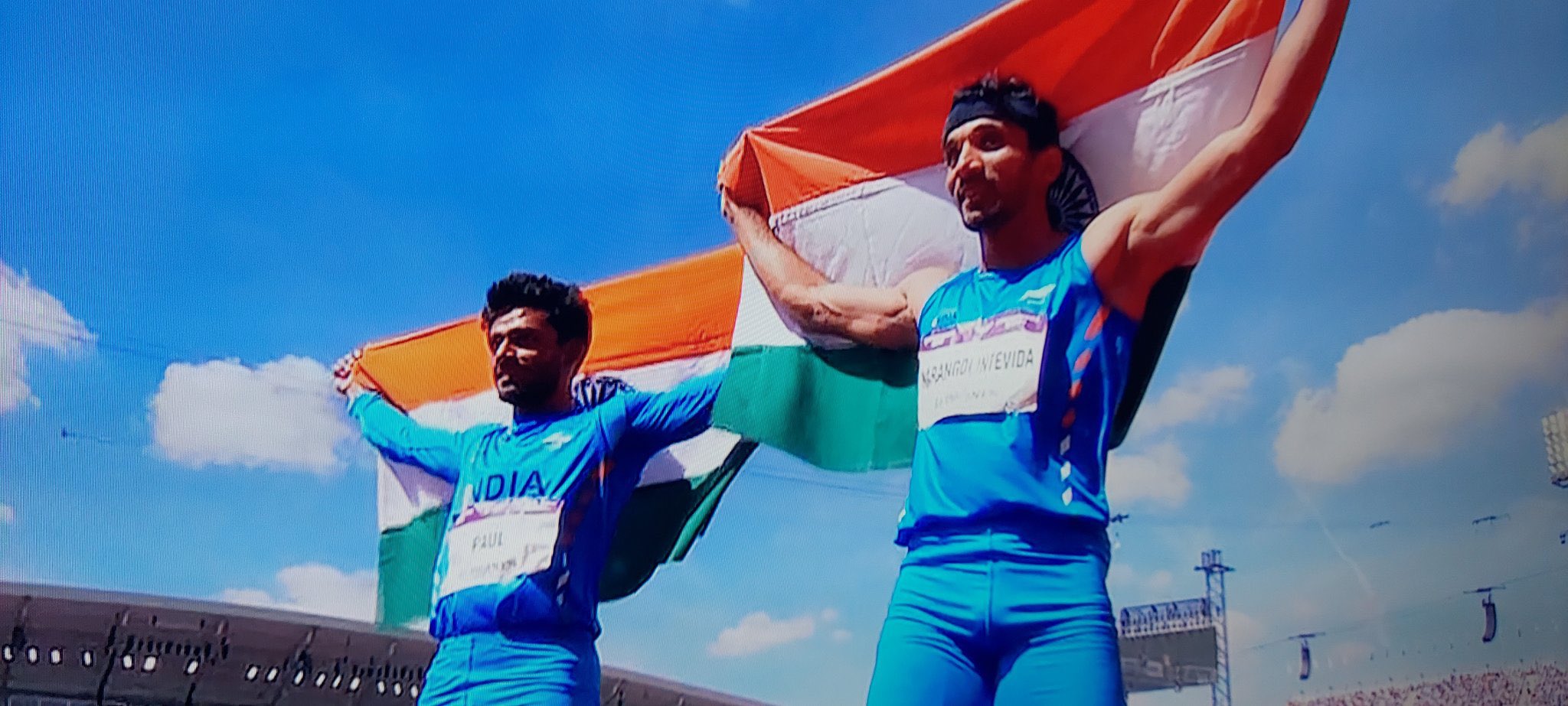 Eldhose Paul (on the left) and Abdulla Aboobacker celebrates after winning the gold and silver medal, respectively. (Twitter / @abumetha)